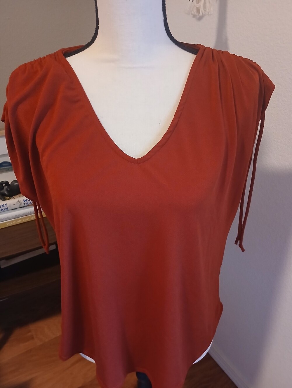 Green Envelope Rust V-Neck Short Sleeve Top